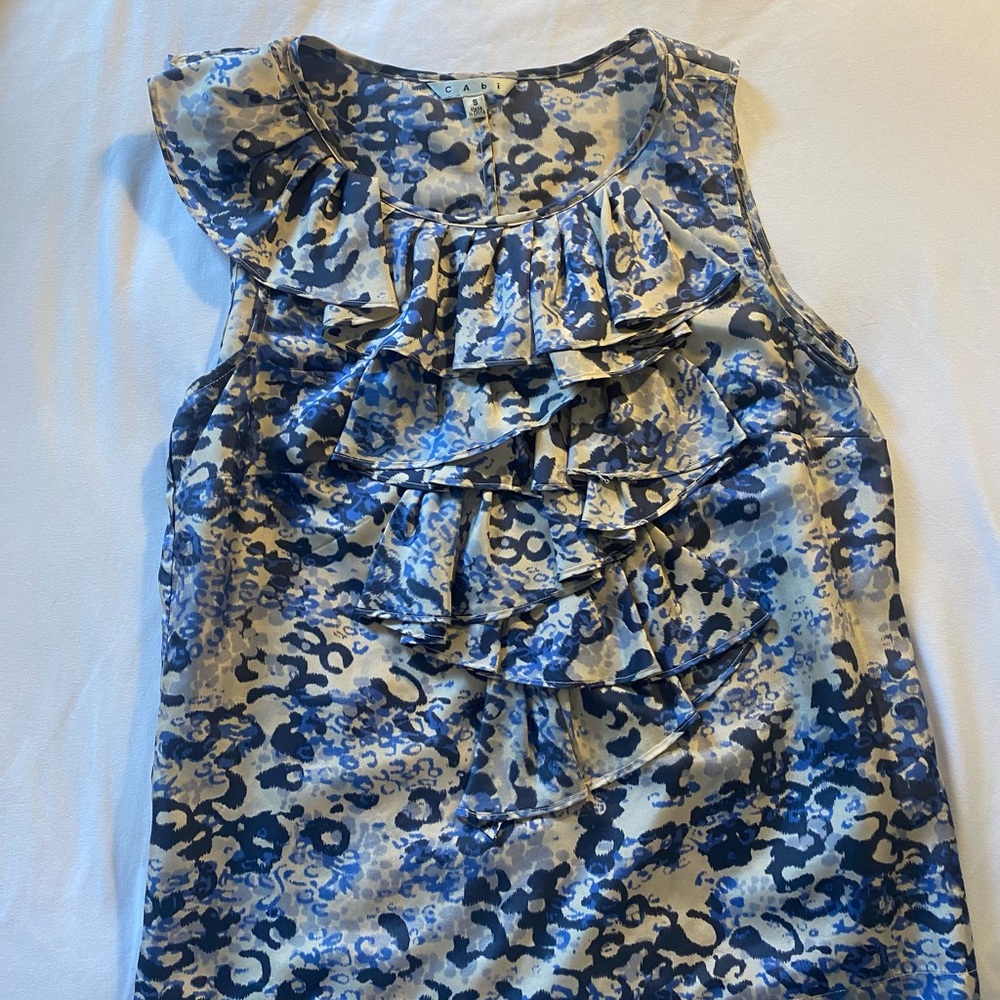 CAbi Blue and Cream Ruffled Silk Top